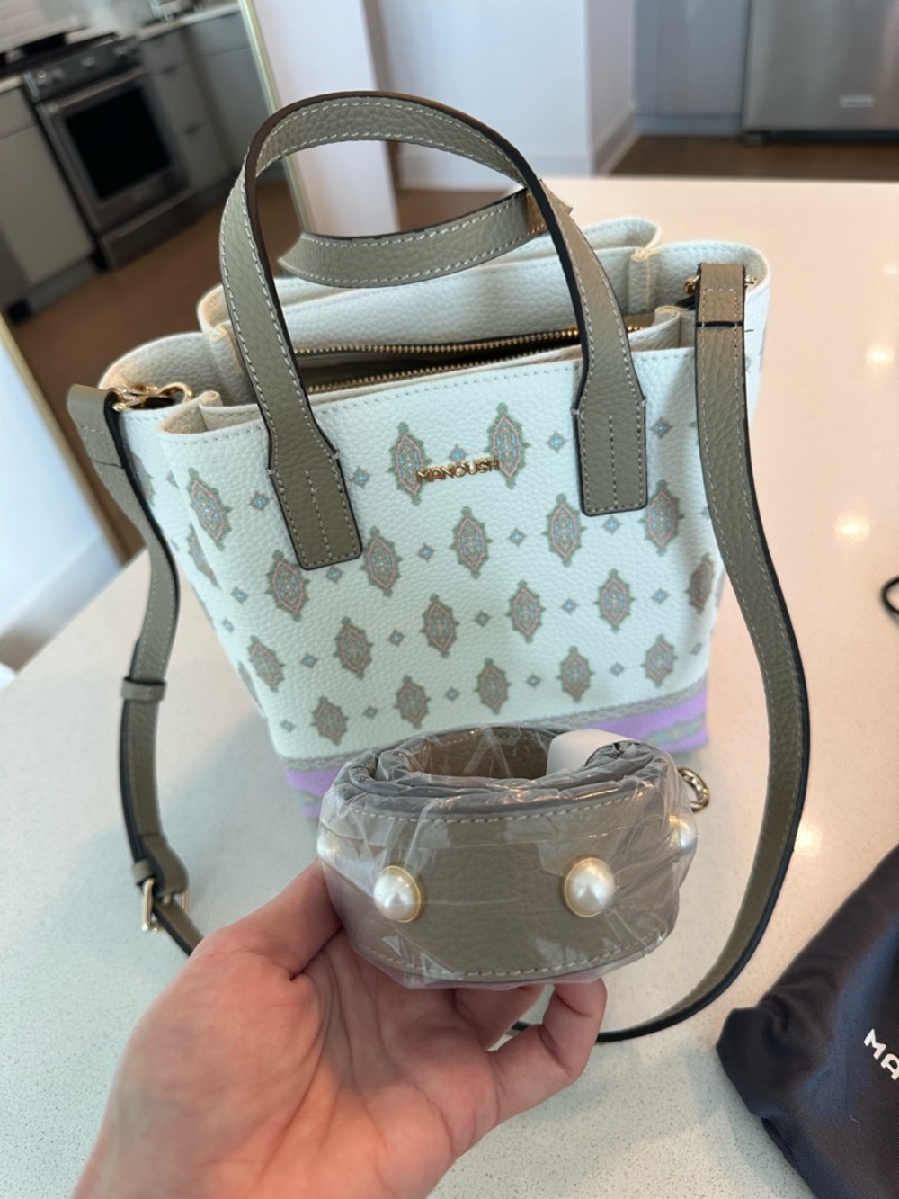 Manoush White and Lavender Kilim Patterned, Ople-Embossed Synthetic Leather Tote - Picture 11 of 13